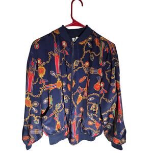 Vintage 90s Sm Alfred Dunner Navy Chains Medals Printed  Bomber Statin READ